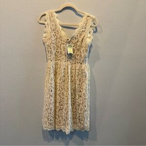 Anthropologie Cream Floral Lace V-Neck Mini Dress